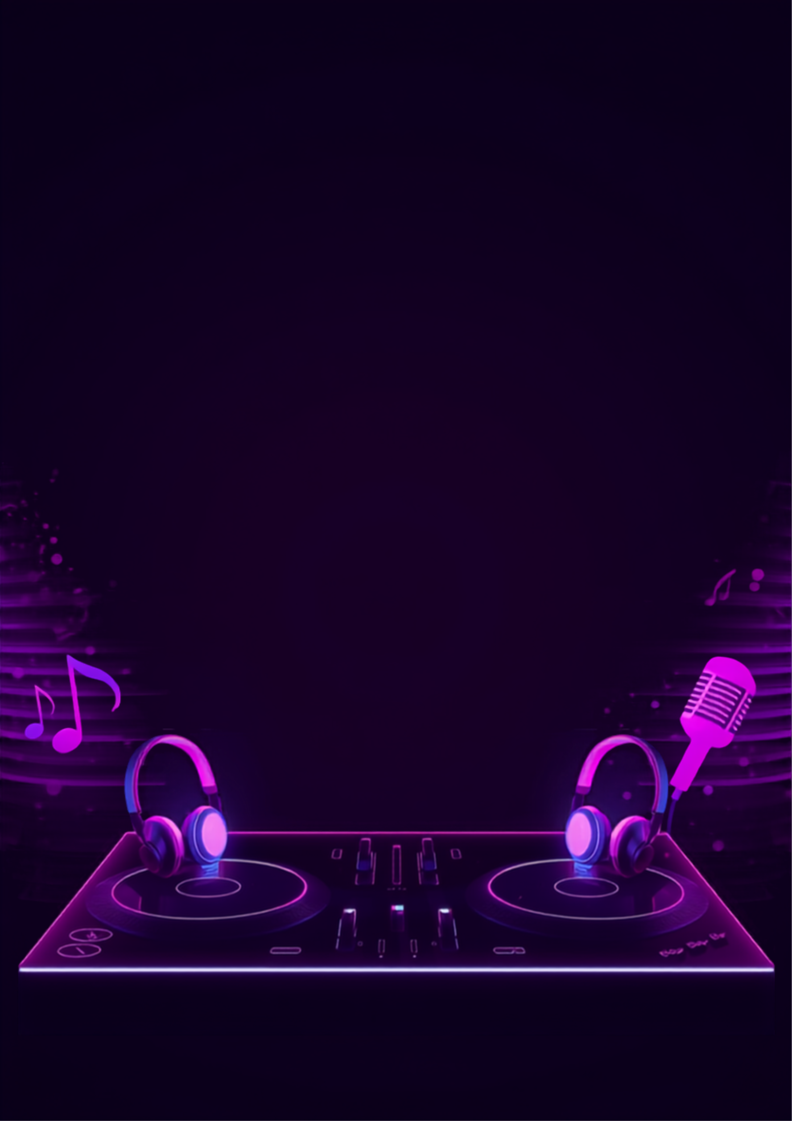 DJ turntable, headphones and a karaoke microphone glowing in neon pink and purple